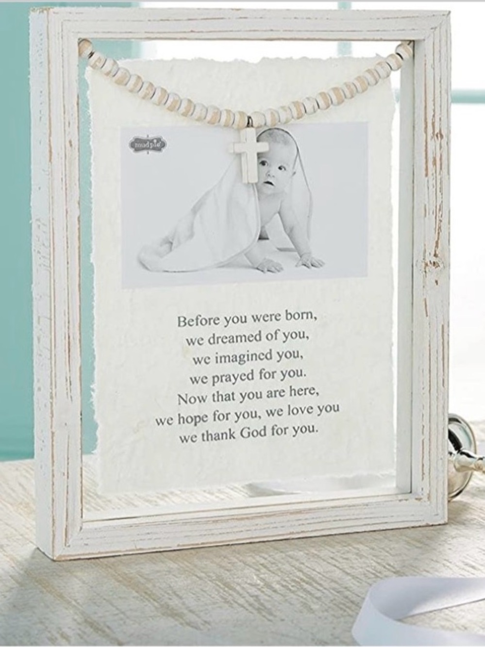 NWT Mud Pie White Distressed Wood Religious Baby Frame with Bead Cross